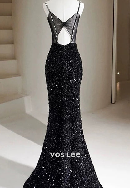 Spaghetti Straps Sequined Sweetheart Pearls Evening Dresses with Sweep Train