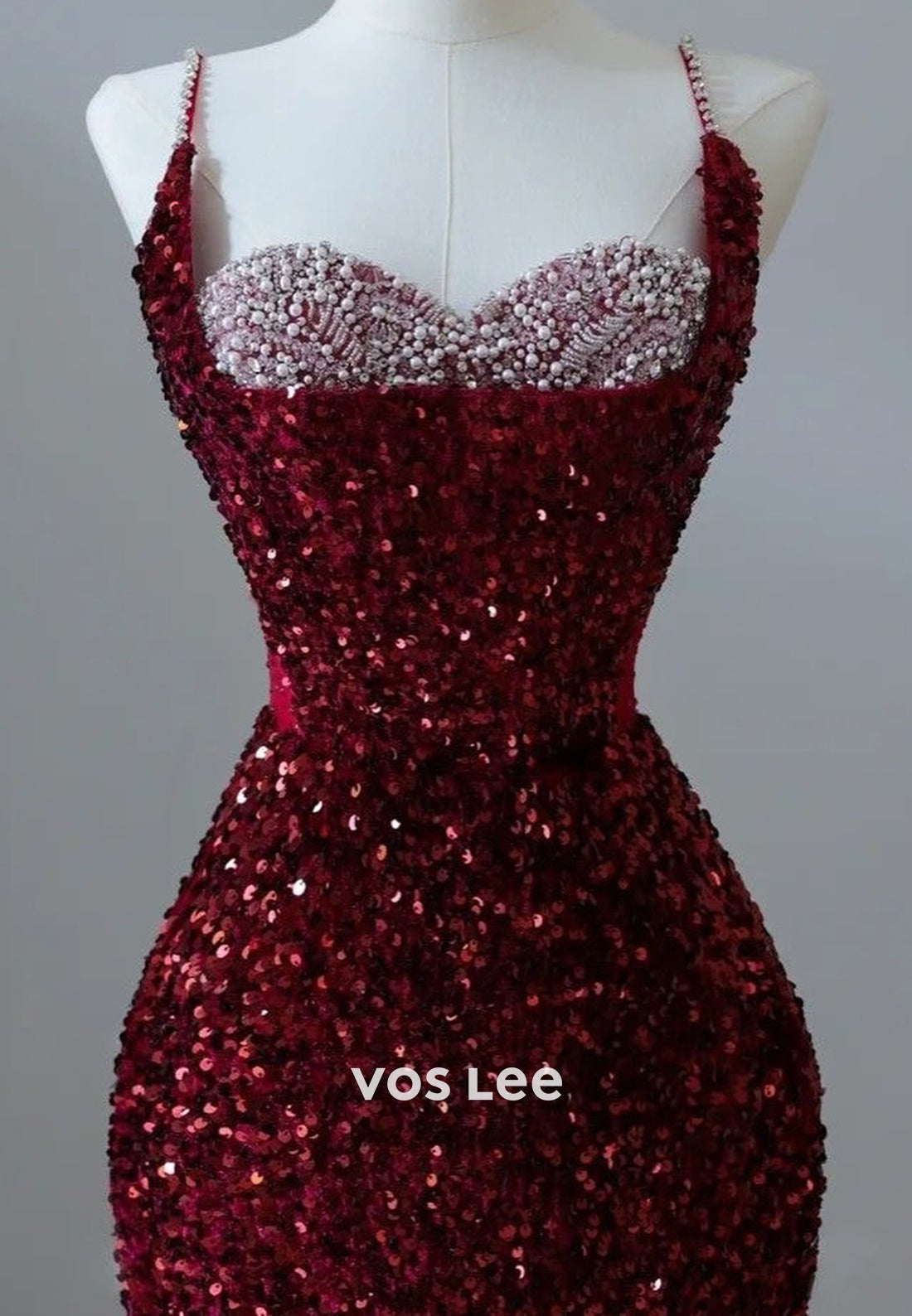 Spaghetti Straps Sequined Sweetheart Pearls Evening Dresses with Sweep Train