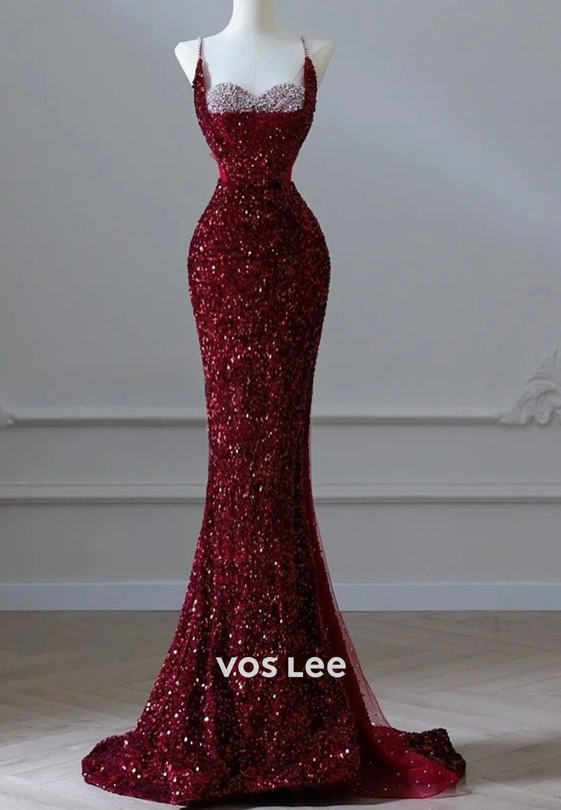 Spaghetti Straps Sequined Sweetheart Pearls Evening Dresses with Sweep Train