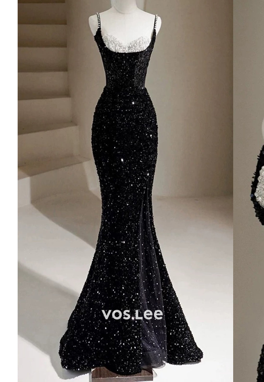 Spaghetti Straps Sequined Sweetheart Pearls Evening Dresses with Sweep Train