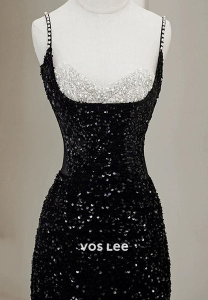 Spaghetti Straps Sequined Sweetheart Pearls Evening Dresses with Sweep Train