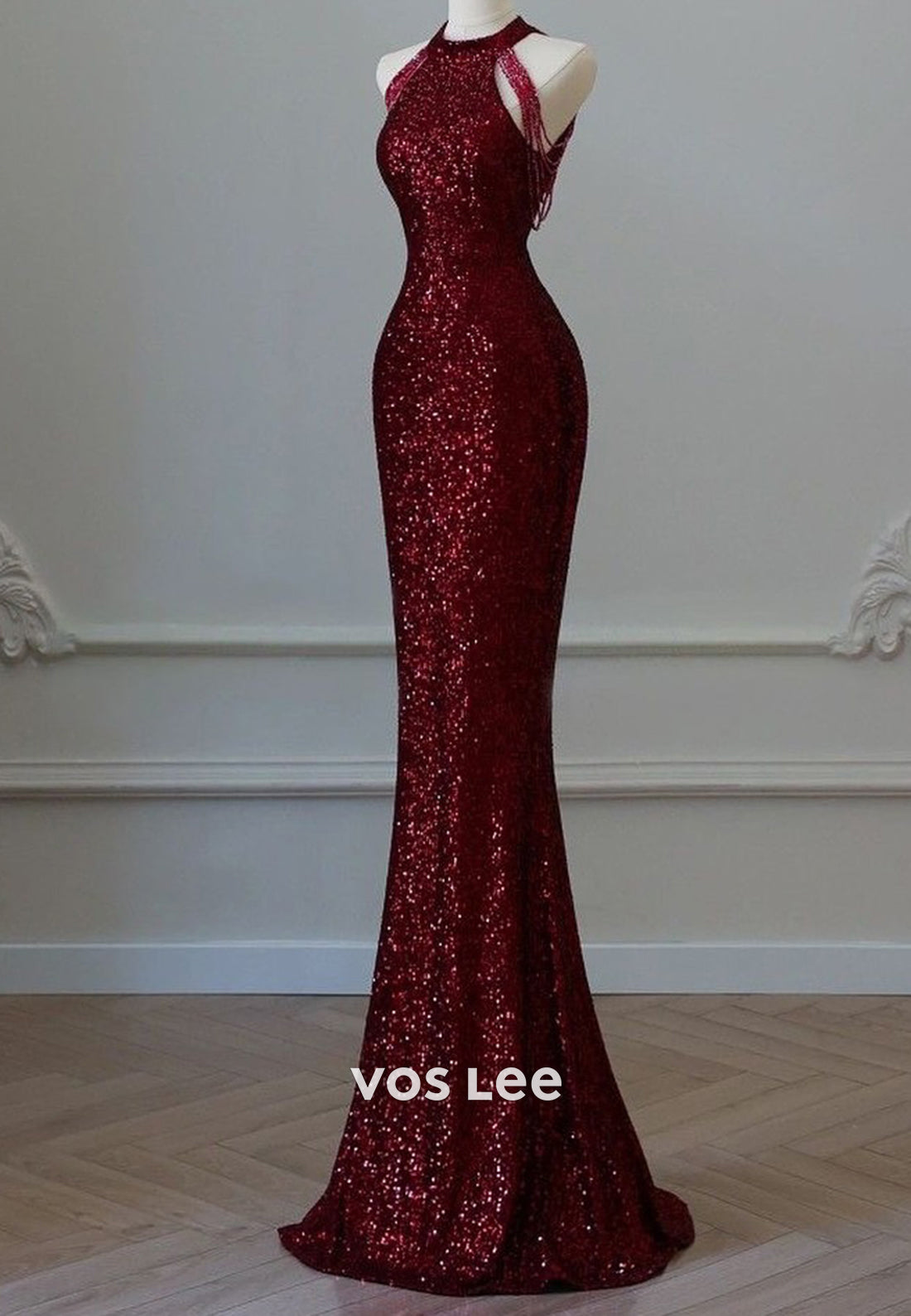Classic&Simple Fully Sequined Bead-Fringed Halter Mermaid Floor-Length Evening Dresses