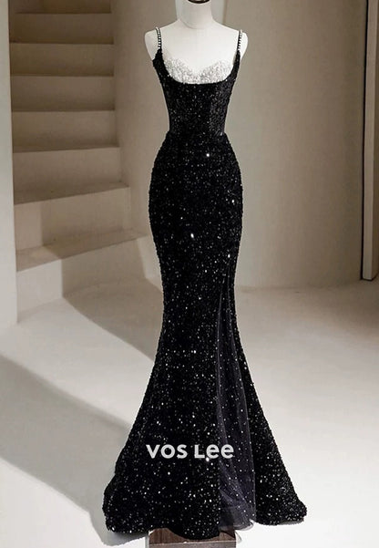 Spaghetti Straps Sequined Sweetheart Pearls Evening Dresses with Sweep Train