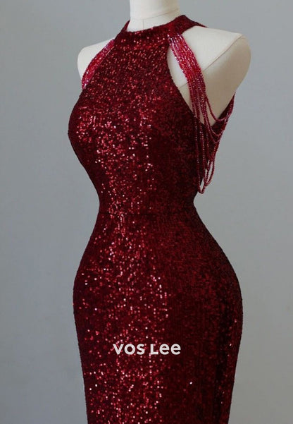 Classic&Simple Fully Sequined Bead-Fringed Halter Mermaid Floor-Length Evening Dresses