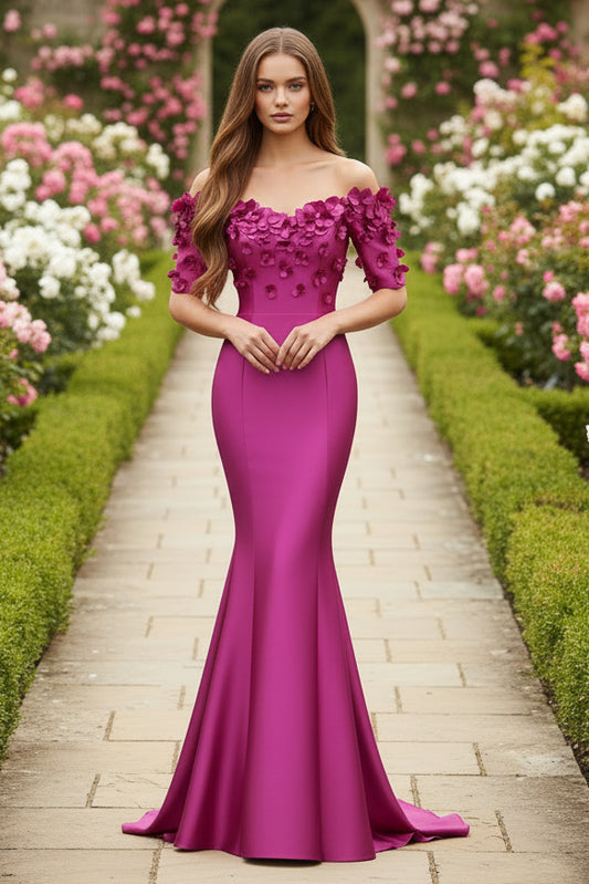 Simple Floral Applique Off Shoulder Gown