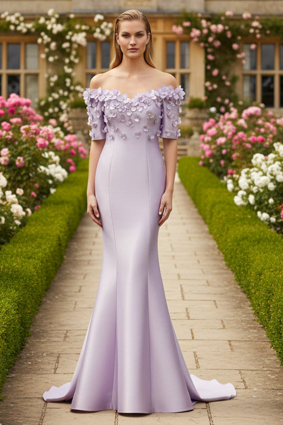 Simple Floral Applique Off Shoulder Gown