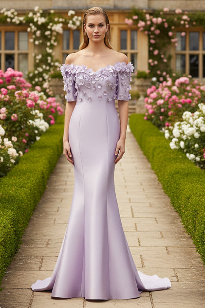 Simple Floral Applique Off Shoulder Gown