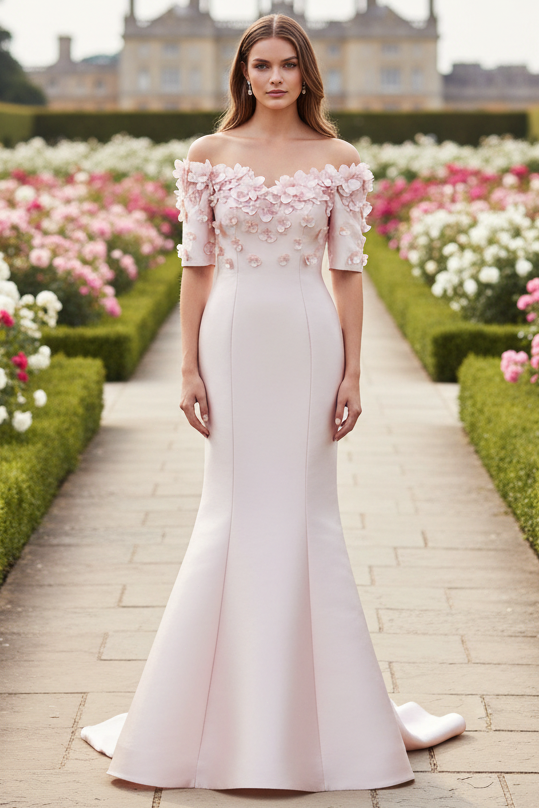 Simple Floral Applique Off Shoulder Gown