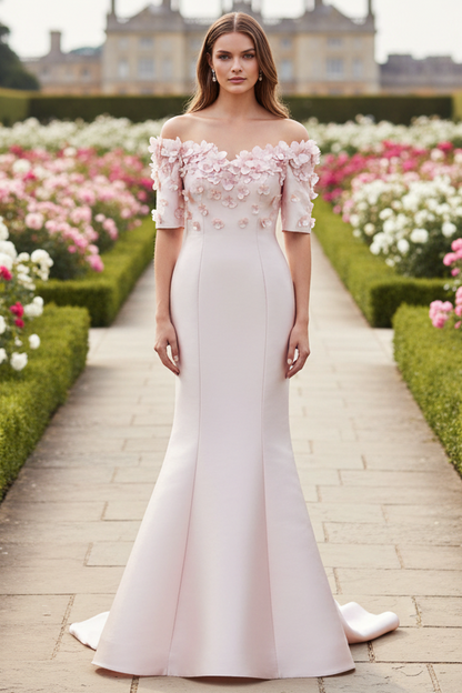 Simple Floral Applique Off Shoulder Gown