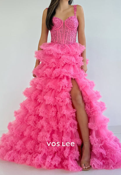 Candy Pink Spaghetti Straps Tulle Quinceanera Birthday Formal Evening Dress Ball Gown