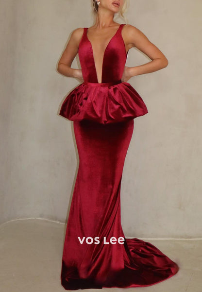 V neck Velvet Backless Mermaid Evening Dresses Fashion Prom Party Gown