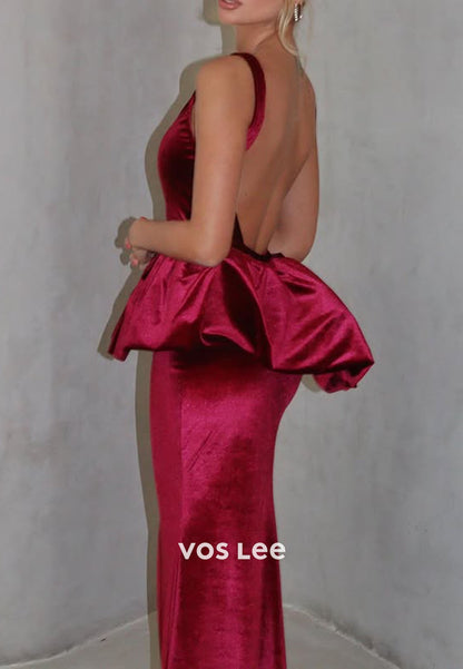 V neck Velvet Backless Mermaid Evening Dresses Fashion Prom Party Gown