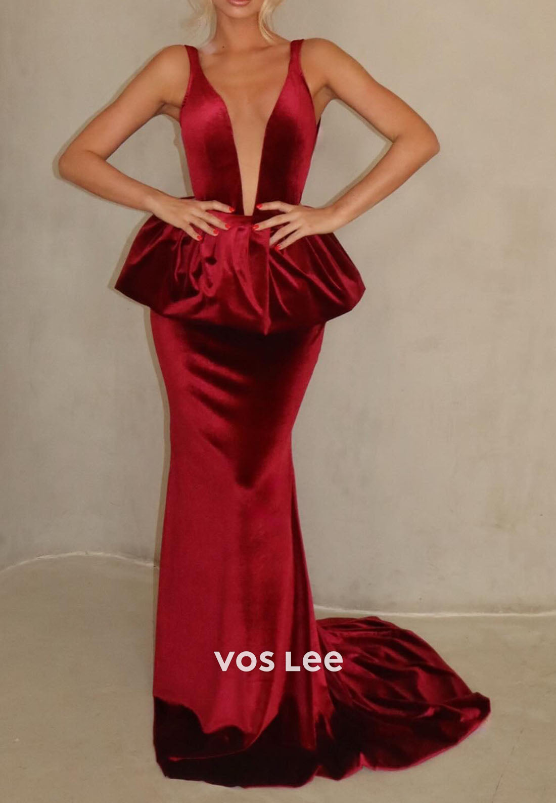 V neck Velvet Backless Mermaid Evening Dresses Fashion Prom Party Gown