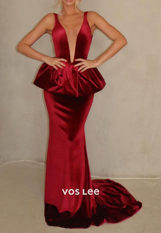 V neck Velvet Backless Mermaid Evening Dresses Fashion Prom Party Gown