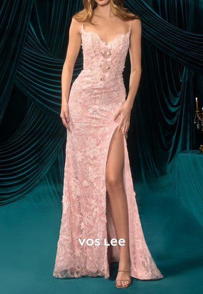Pink Lace Spaghetti Strap Mermaid Prom Dress, Cutout High Slit Formal Evening Gown