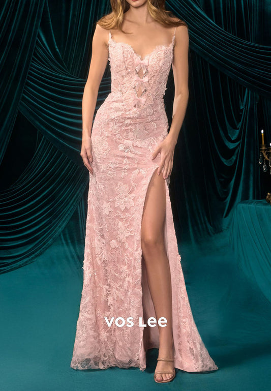 Pink Lace Spaghetti Strap Mermaid Prom Dress, Cutout High Slit Formal Evening Gown