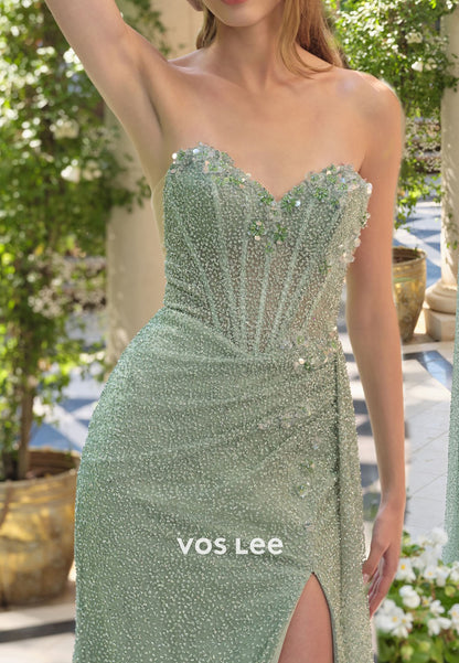Elegant Mint Green Beaded Corset Formal Gown, Strapless Mermaid Dress for Prom & Wedding Guest