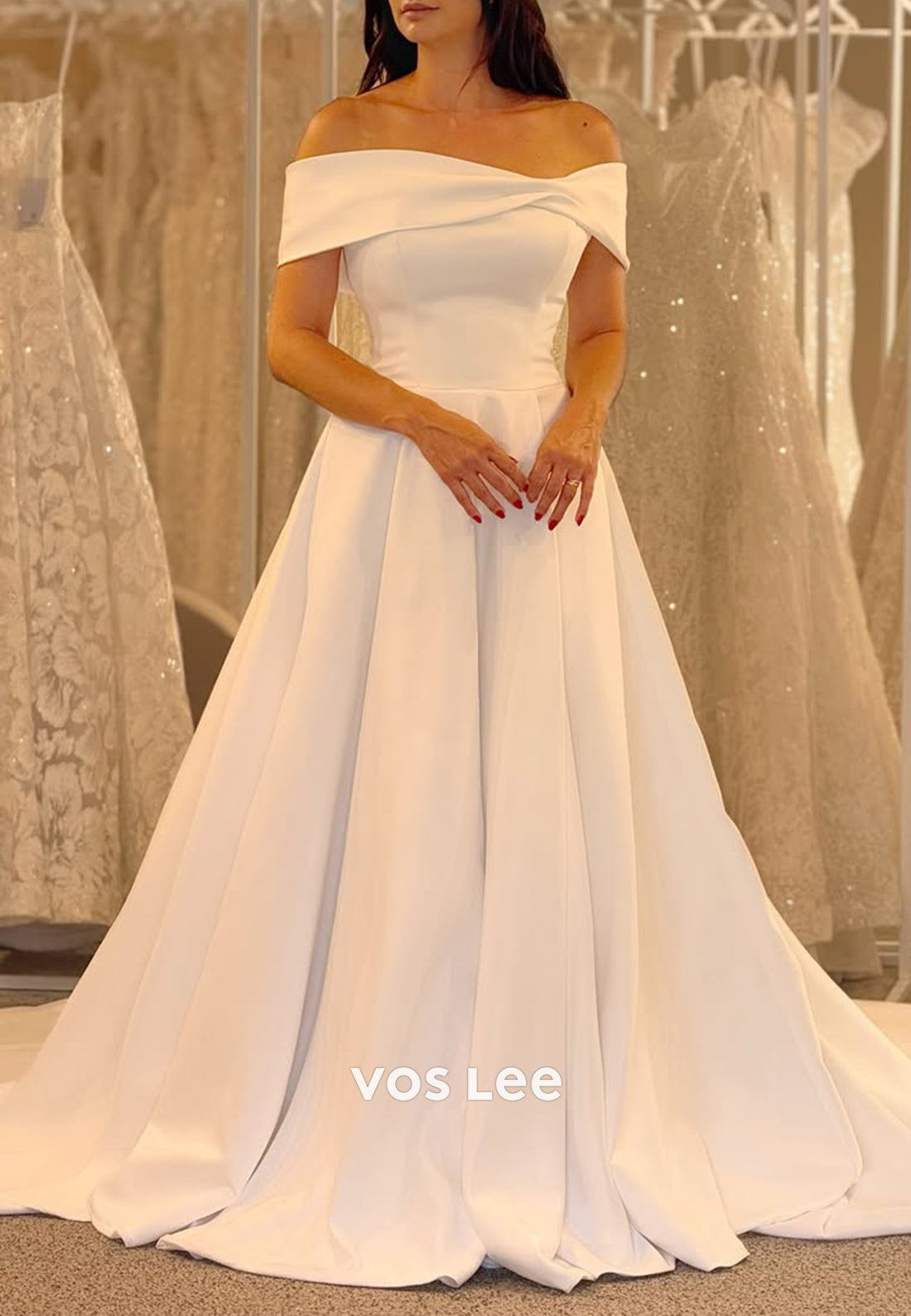 Classic & Timeless A-Line Off the Shoulder Pleated Wedding Dresses with Court Train