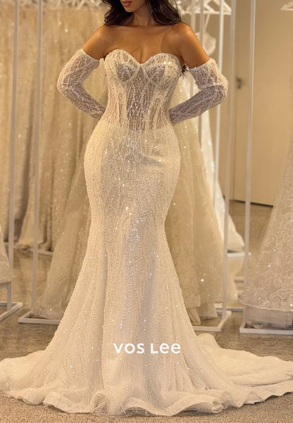 Long Sleeve Sweetheart Fully Beaded Mermaid Wedding Dresses with Court Train
