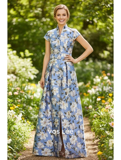 Sky Blue Floral Print Maxi Dress | Cap Sleeve High Neck Formal Gown with Slit