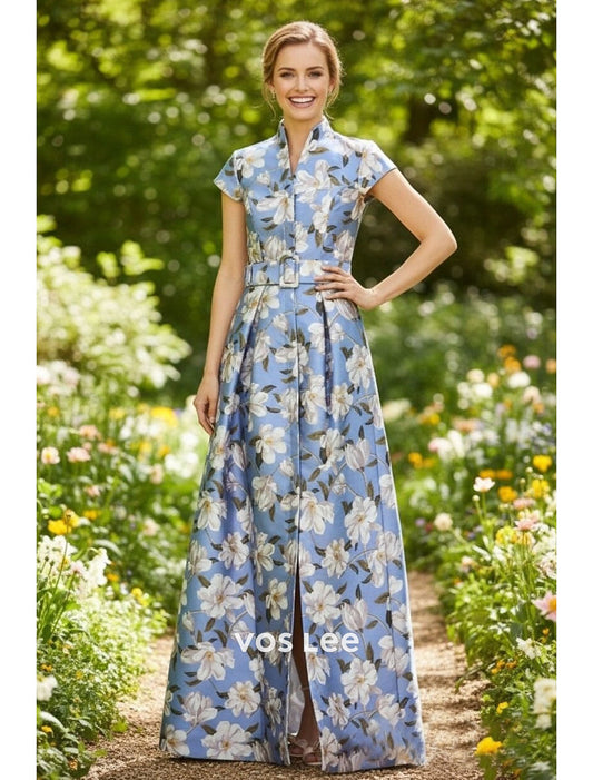 Sky Blue Floral Print Maxi Dress | Cap Sleeve High Neck Formal Gown with Slit