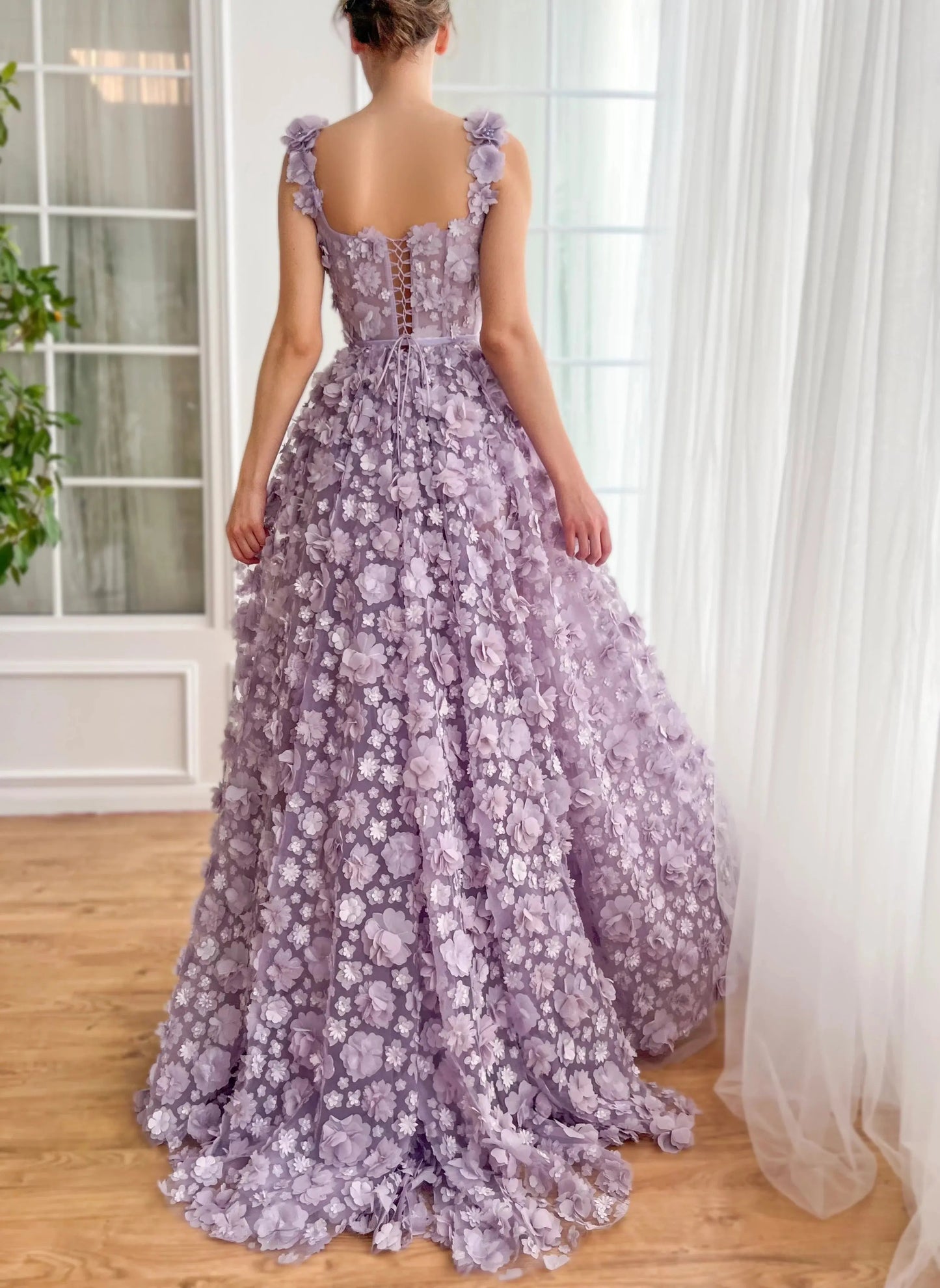 Chic Lilac 3D Embroidered Flowers Slit Evening Dress