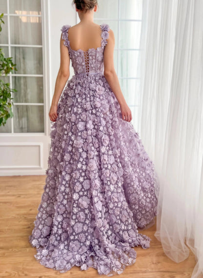 Chic Lilac 3D Embroidered Flowers Slit Evening Dress
