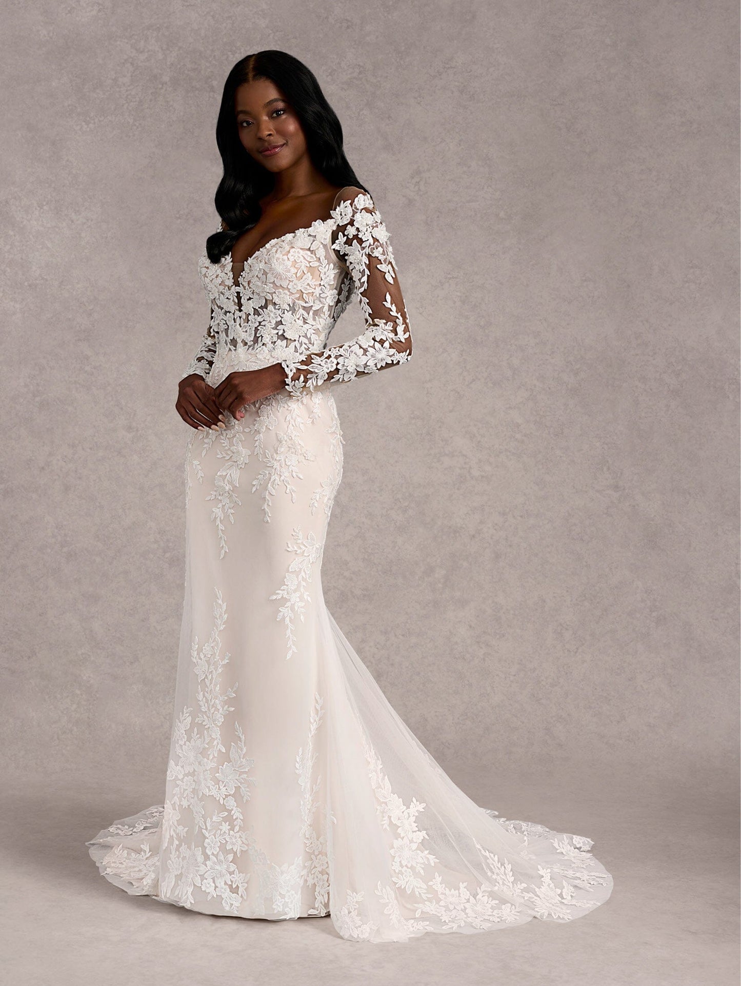 Decadent Applique Long Sleeve Column Bridal Gown