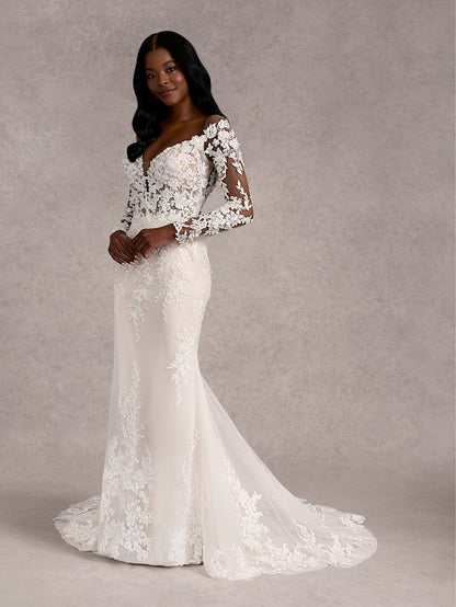 Decadent Applique Long Sleeve Column Bridal Gown
