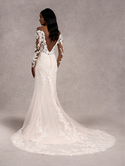 Decadent Applique Long Sleeve Column Bridal Gown