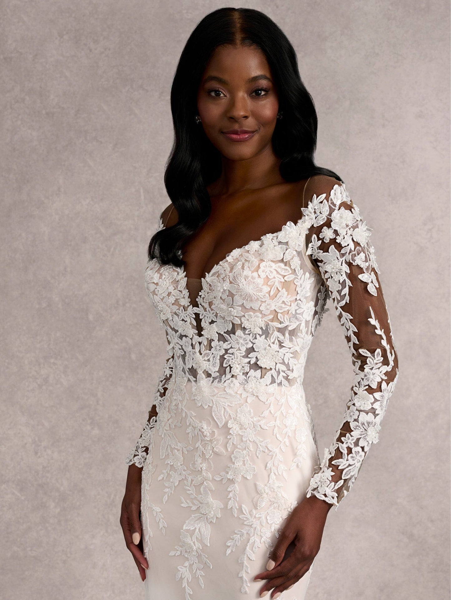 Decadent Applique Long Sleeve Column Bridal Gown