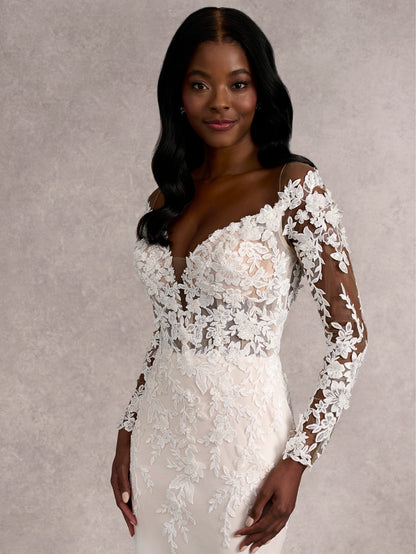 Decadent Applique Long Sleeve Column Bridal Gown