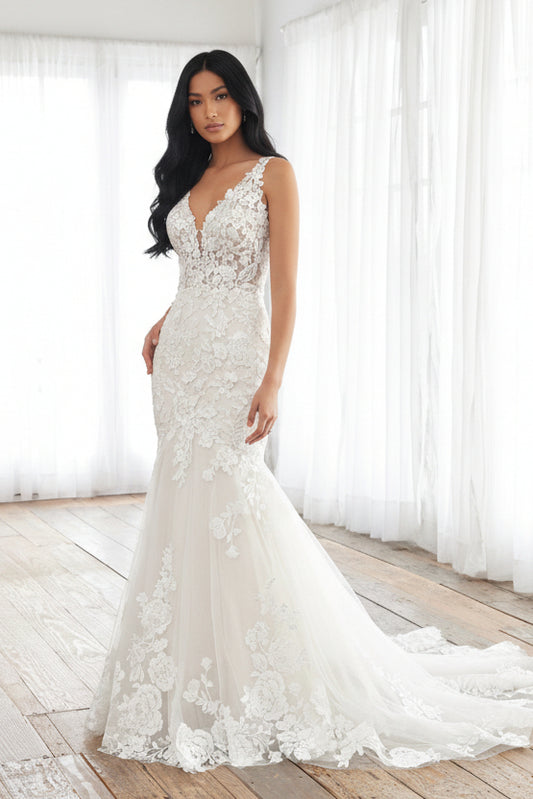 Luxury Deep V Lace Wedding Dress | Slim Mermaid Bridal Gown