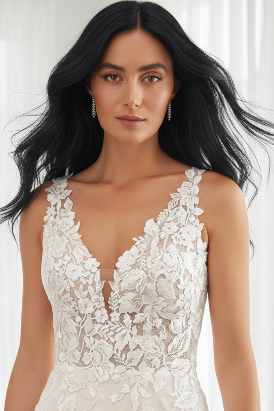 Luxury Deep V Lace Wedding Dress | Slim Mermaid Bridal Gown