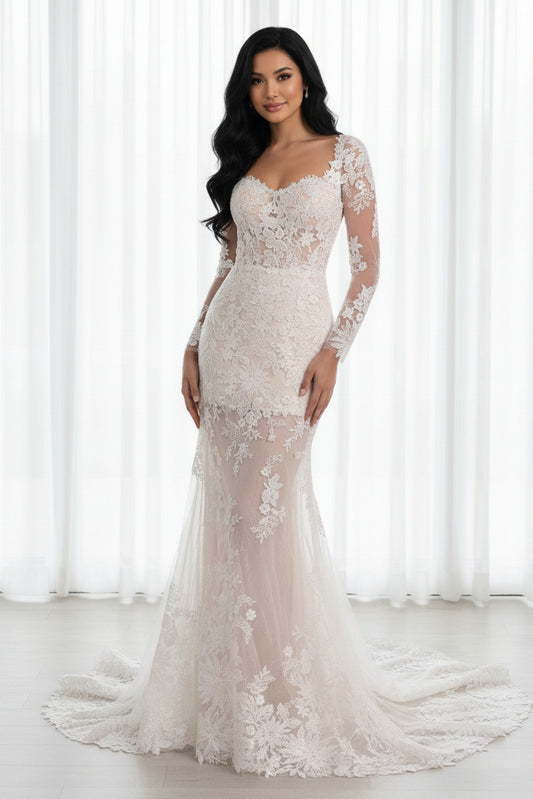 Luxury All-Lace Illusion Mermaid Wedding Dress with Long Sleeves