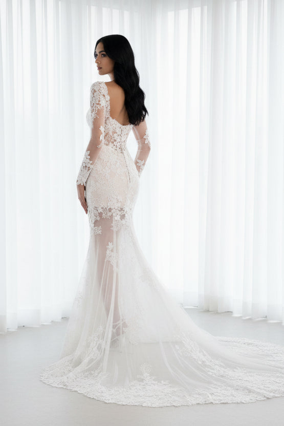 Luxury All-Lace Illusion Mermaid Wedding Dress with Long Sleeves