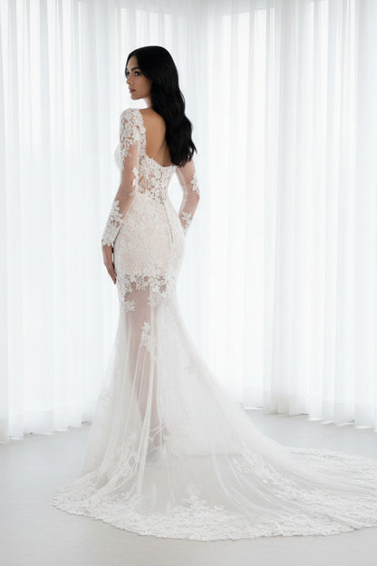 Luxury All-Lace Illusion Mermaid Wedding Dress with Long Sleeves