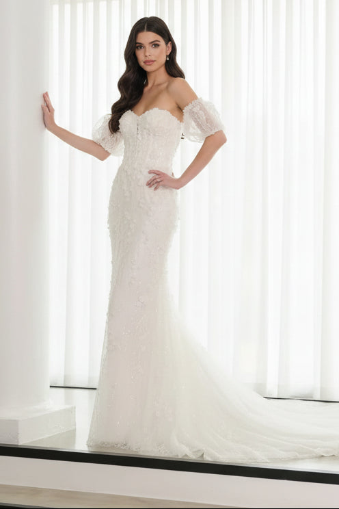 3D Floral Appliqué Off-the-Shoulder Mermaid Wedding Dress | Sparkling Cathedral Train Bridal Gown