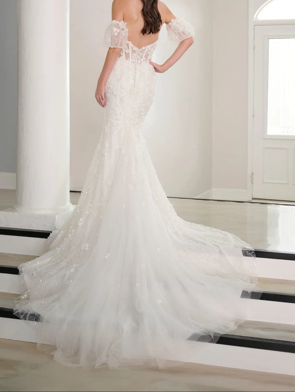 3D Floral Appliqué Off-the-Shoulder Mermaid Wedding Dress | Sparkling Cathedral Train Bridal Gown