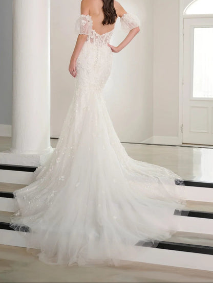 3D Floral Appliqué Off-the-Shoulder Mermaid Wedding Dress | Sparkling Cathedral Train Bridal Gown