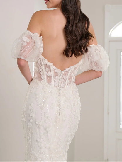 3D Floral Appliqué Off-the-Shoulder Mermaid Wedding Dress | Sparkling Cathedral Train Bridal Gown