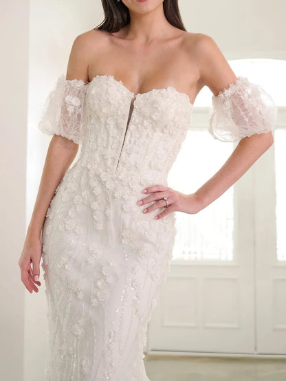 3D Floral Appliqué Off-the-Shoulder Mermaid Wedding Dress | Sparkling Cathedral Train Bridal Gown