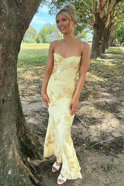 Yellow Spaghetti Straps Sheath Long Prom Dresses With Floral Embroider – VOS LEE Yellow Spaghetti Straps Sheath Long Prom Dresses With Floral Embroider – VOS LEE