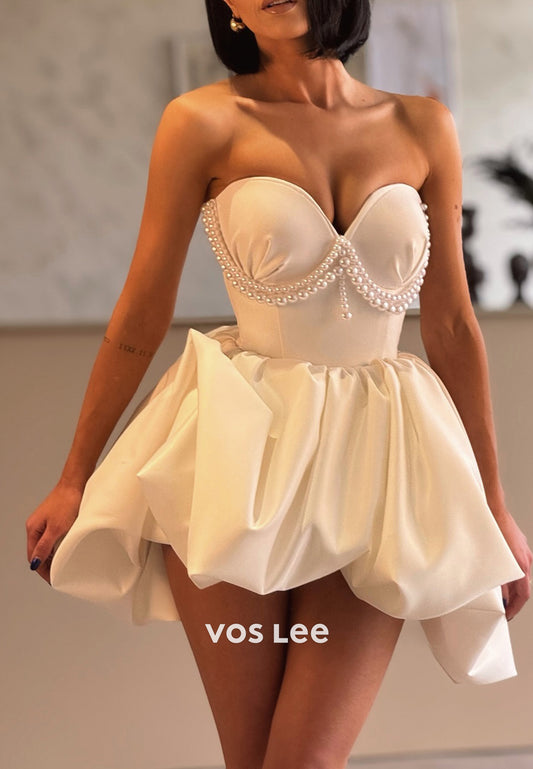 Mini & Short A-Line Sweetheart Pearls Embellished Pleated Beach Wedding Dresses