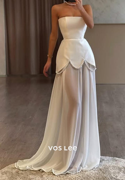 Glamorous & Dramatic Strapless Pearls Illusion Long Formal Dresses