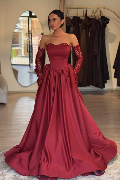 Elegant Wine Red Lace Princess Gown | Sweetheart Neckline A-Line Formal Dress