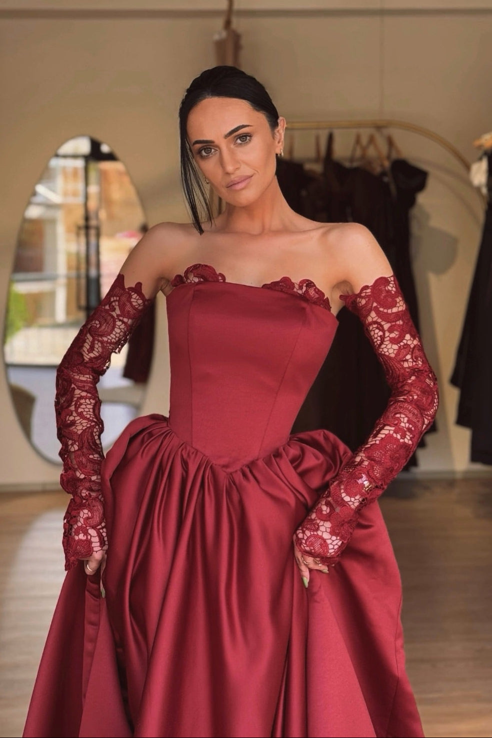 Elegant Wine Red Lace Princess Gown | Sweetheart Neckline A-Line Formal Dress