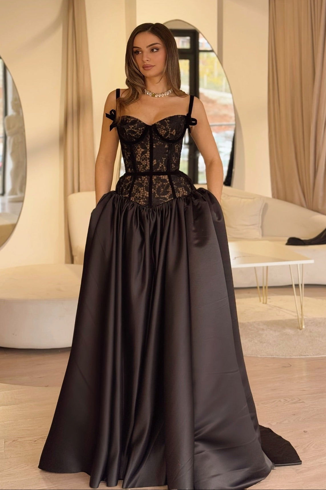 Black Lace and Satin Ball Gown | Sweetheart Neckline Corset Formal Dress