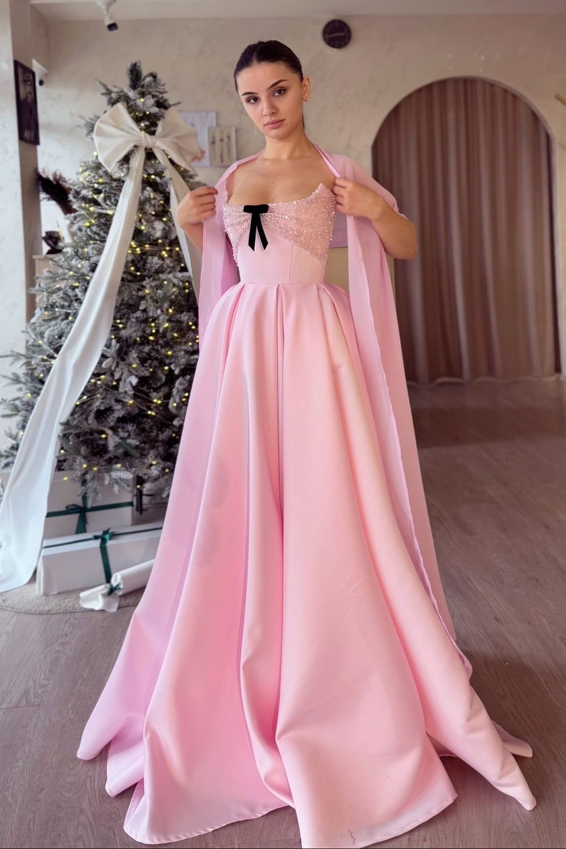 Blush Pink Satin Ball Gown | Sweetheart Neckline With Bow