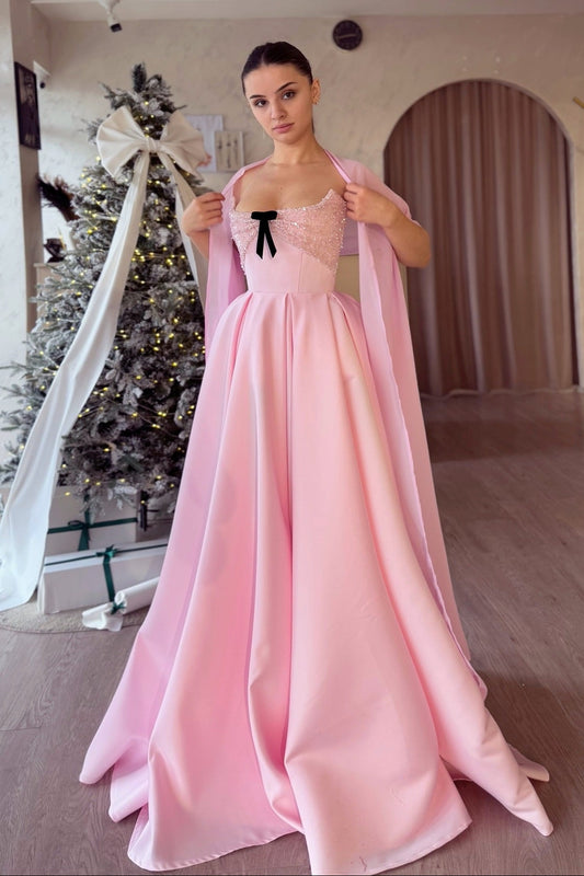 Blush Pink Satin Ball Gown | Sweetheart Neckline With Bow